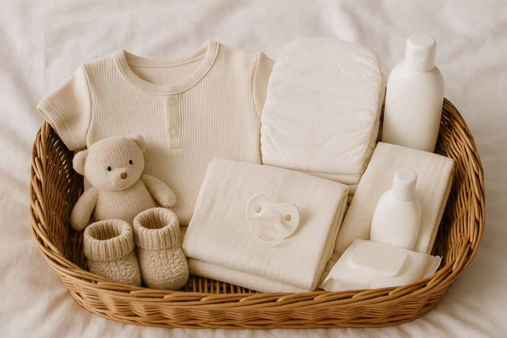Newborn essentials neatly arranged in a wicker basket on a white bed