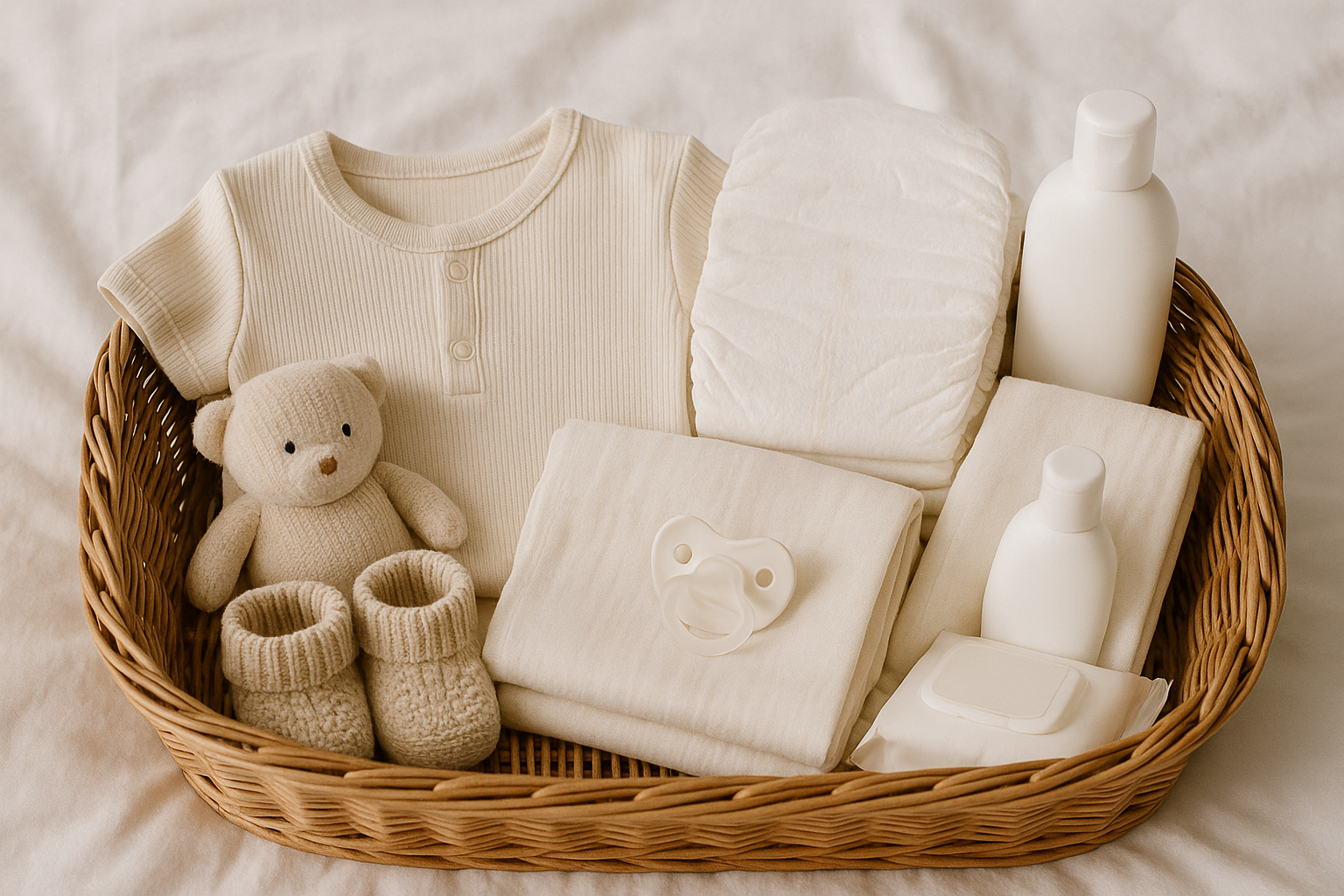 Newborn must-haves neatly arranged in a wicker basket on a white bed.