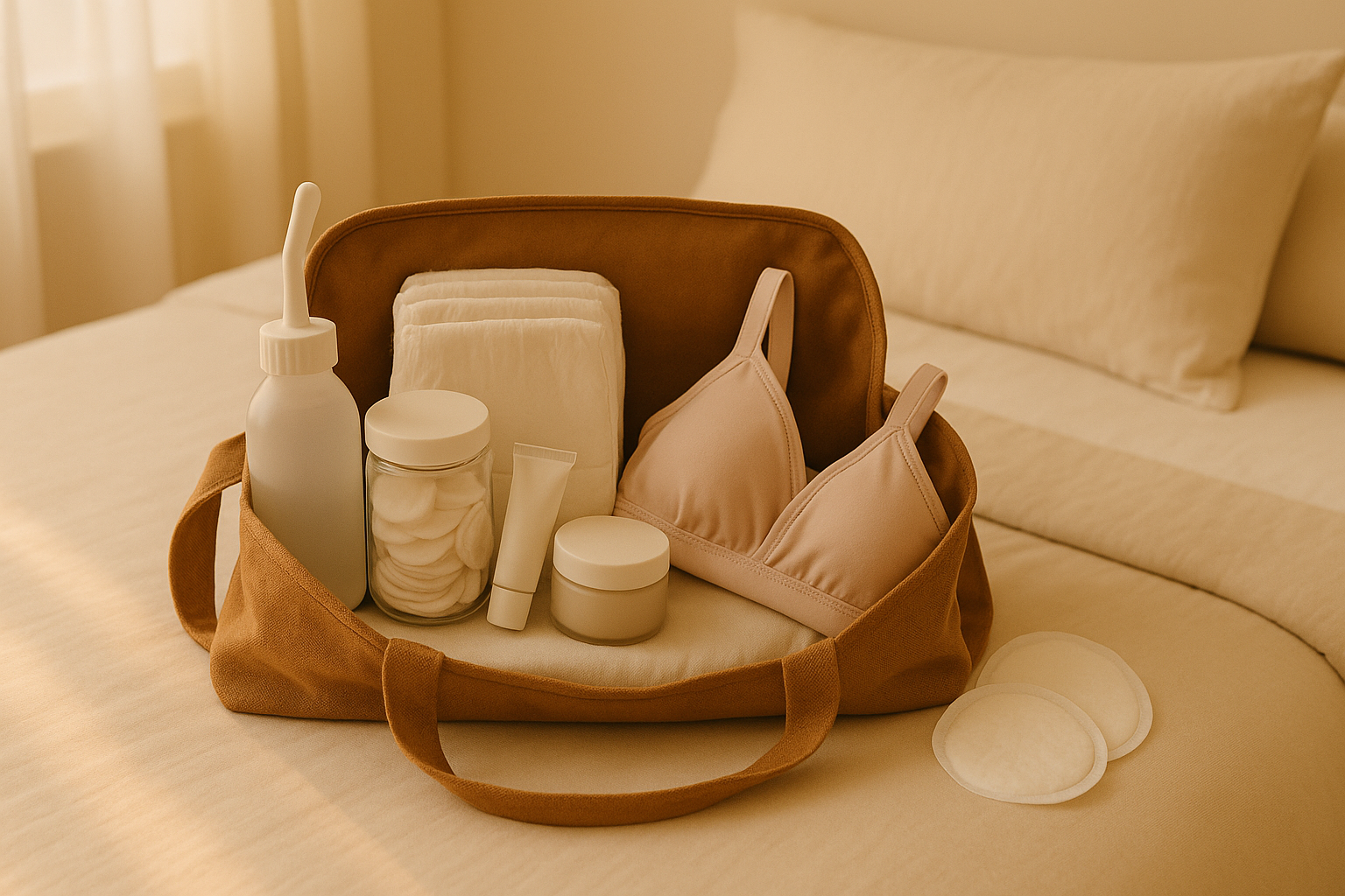Postpartum recovery kit in a brown bag on a bed, including peri bottle, maternity pads, nursing bra, nipple cream, cotton pads, and disposable nursing pads.