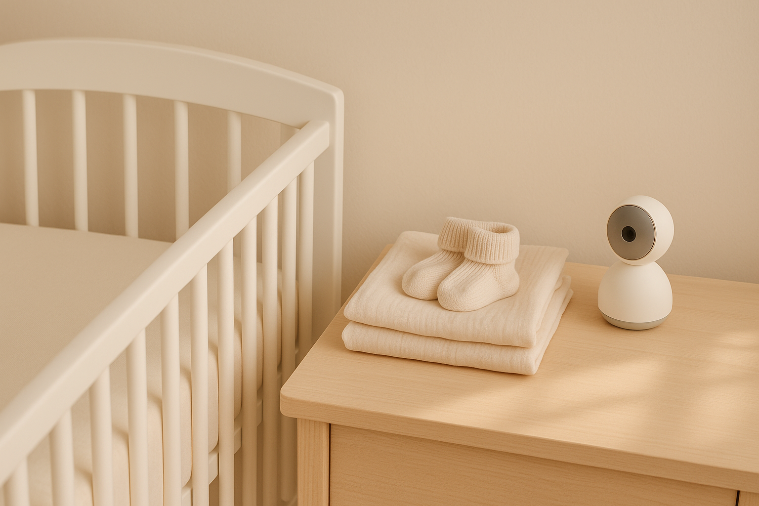 Newborn must-haves sleep setup: white crib with fitted sheet, swaddle, and a baby monitor.