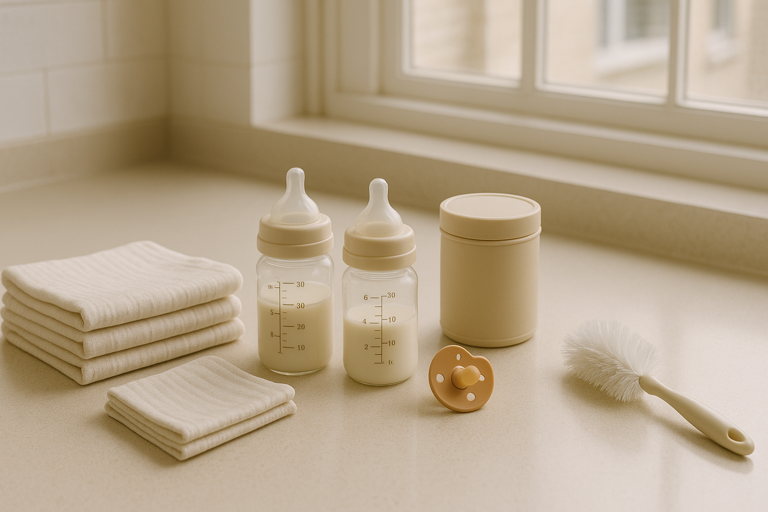 Small baby bottles and burp cloths on a bright kitchen counter.