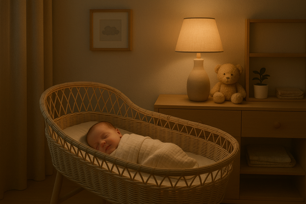 Newborn baby sleeping peacefully in a cozy bassinet at night with warm soft lighting in a Scandinavian-style nursery