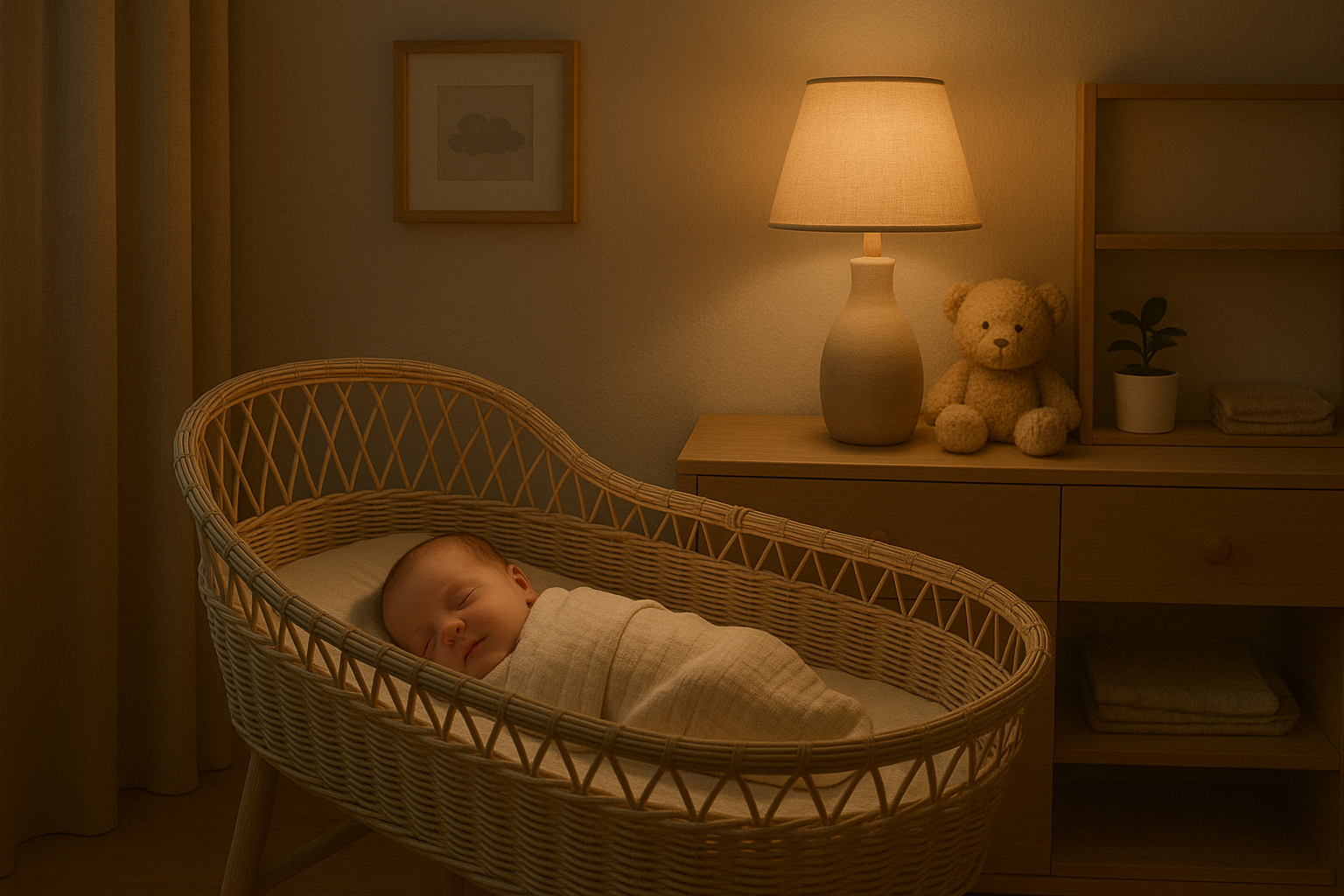 Newborn baby sleeping peacefully in a cozy bassinet at night, part of a gentle newborn sleep schedule with warm soft lighting in a Scandinavian-style nursery