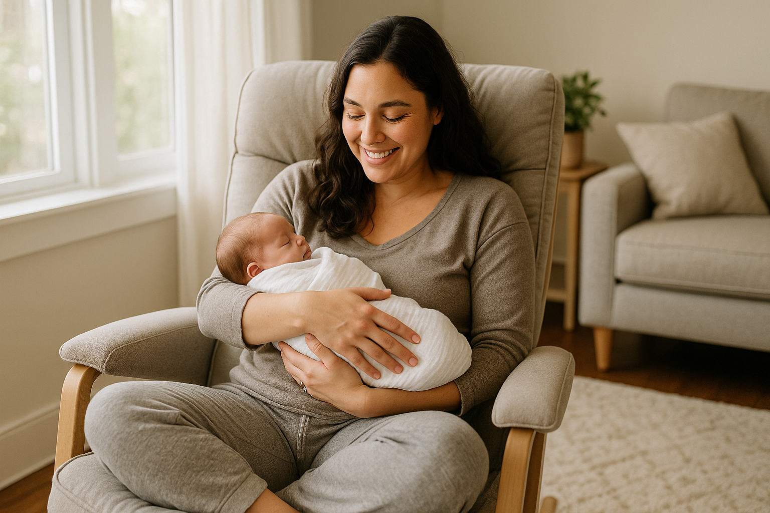 Smiling new mother gently rocking her swaddled newborn during the day, creating a soothing baby bedtime routine as part of a gentle newborn sleep schedule