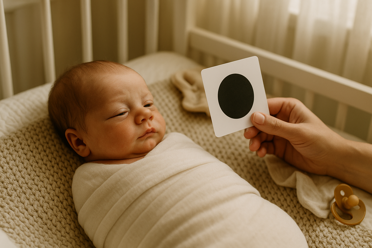 baby toys 0–3 months high-contrast flash card shown to a swaddled newborn by a parent; visual stimulation for early development