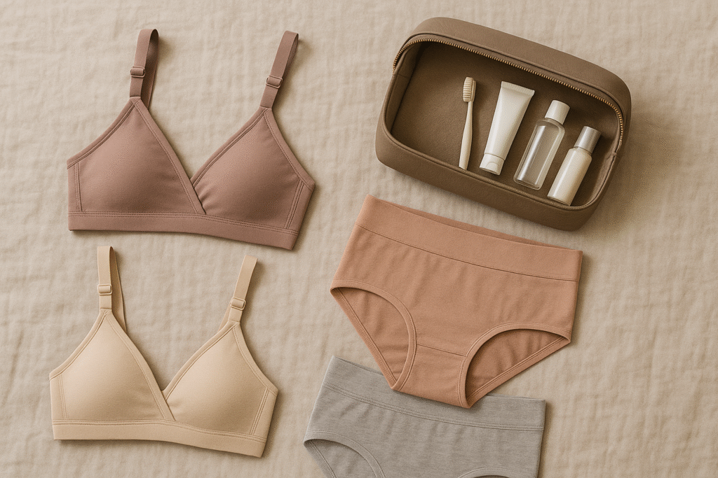 Hospital bag checklist essentials for mom – nursing bras, comfortable underwear, and travel-size toiletries