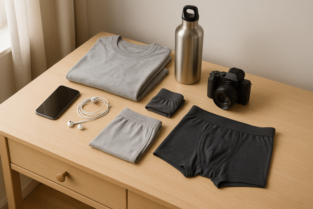 Hospital bag checklist for partner – grey t-shirt, shorts, socks, water bottle, camera, and earphones