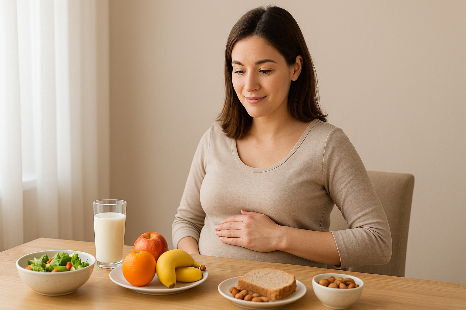 healthy foods for pregnancy — colorful plate with fruits, vegetables, whole grains, dairy and proteins for a balanced prenatal diet