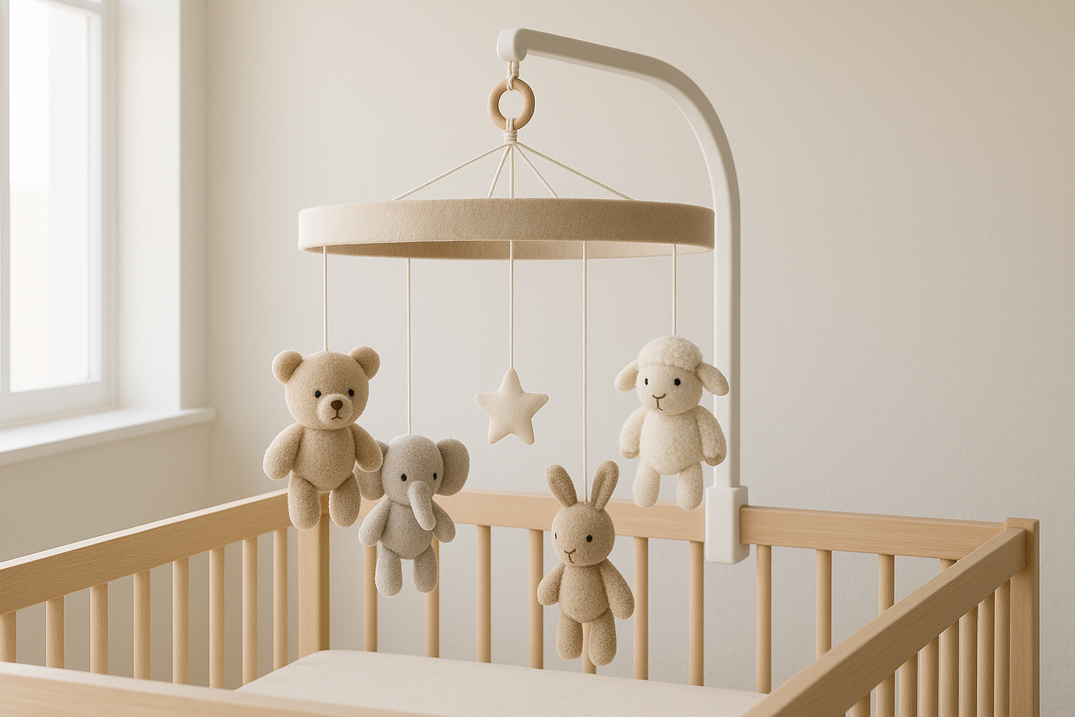 crib mobile baby toy for 0–3 month old infants; neutral plush animal mobile hanging safely above a crib