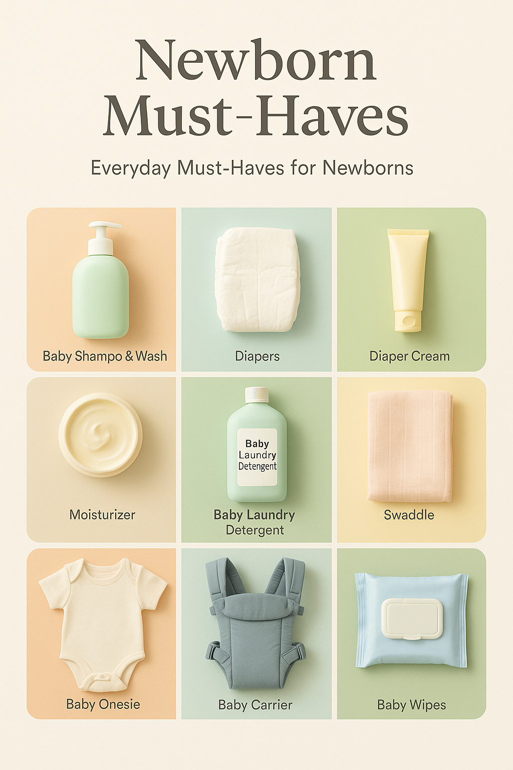 Newborn must-haves checklist graphic summarizing feeding, sleep, diapering, clothing, and bathing essentials.
