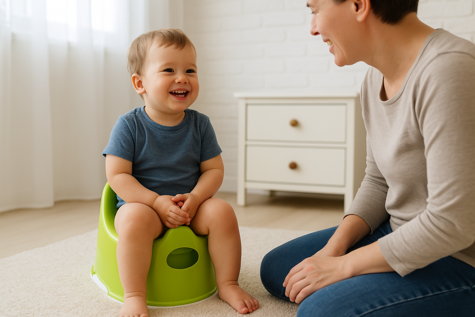 potty training toddler sitting on a potty chair, smiling, with a parent nearby—first steps for 18–36 month beginners.