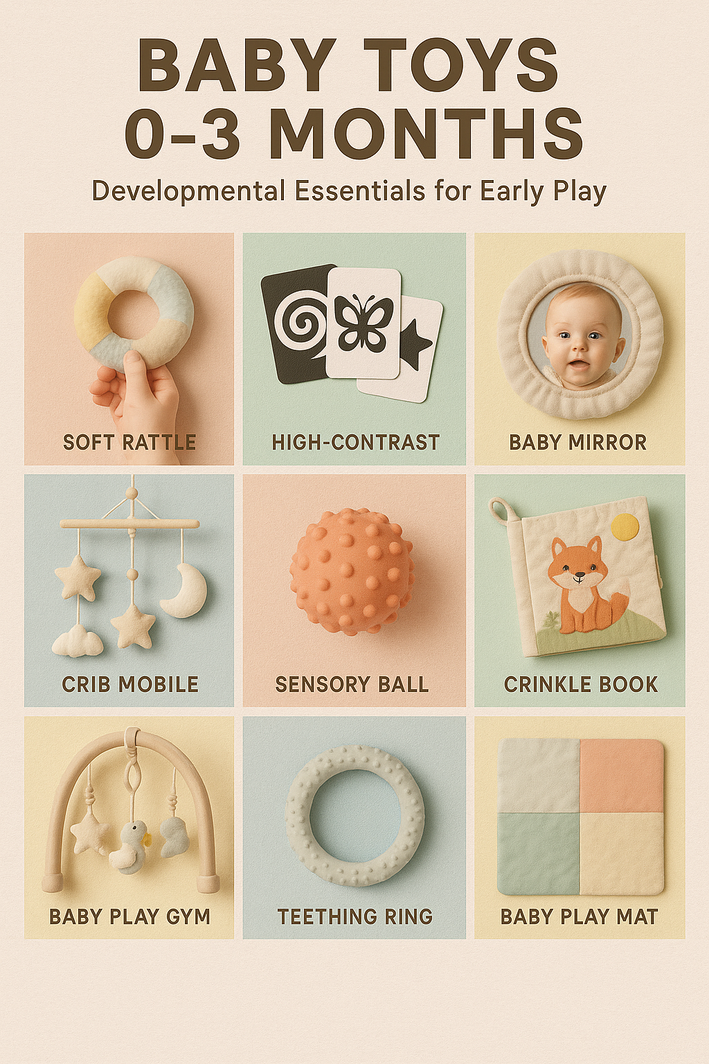 baby toys 0–3 months essential set: high-contrast cards, soft rattles, lovey blanket, crib mobile, and soft books summarized