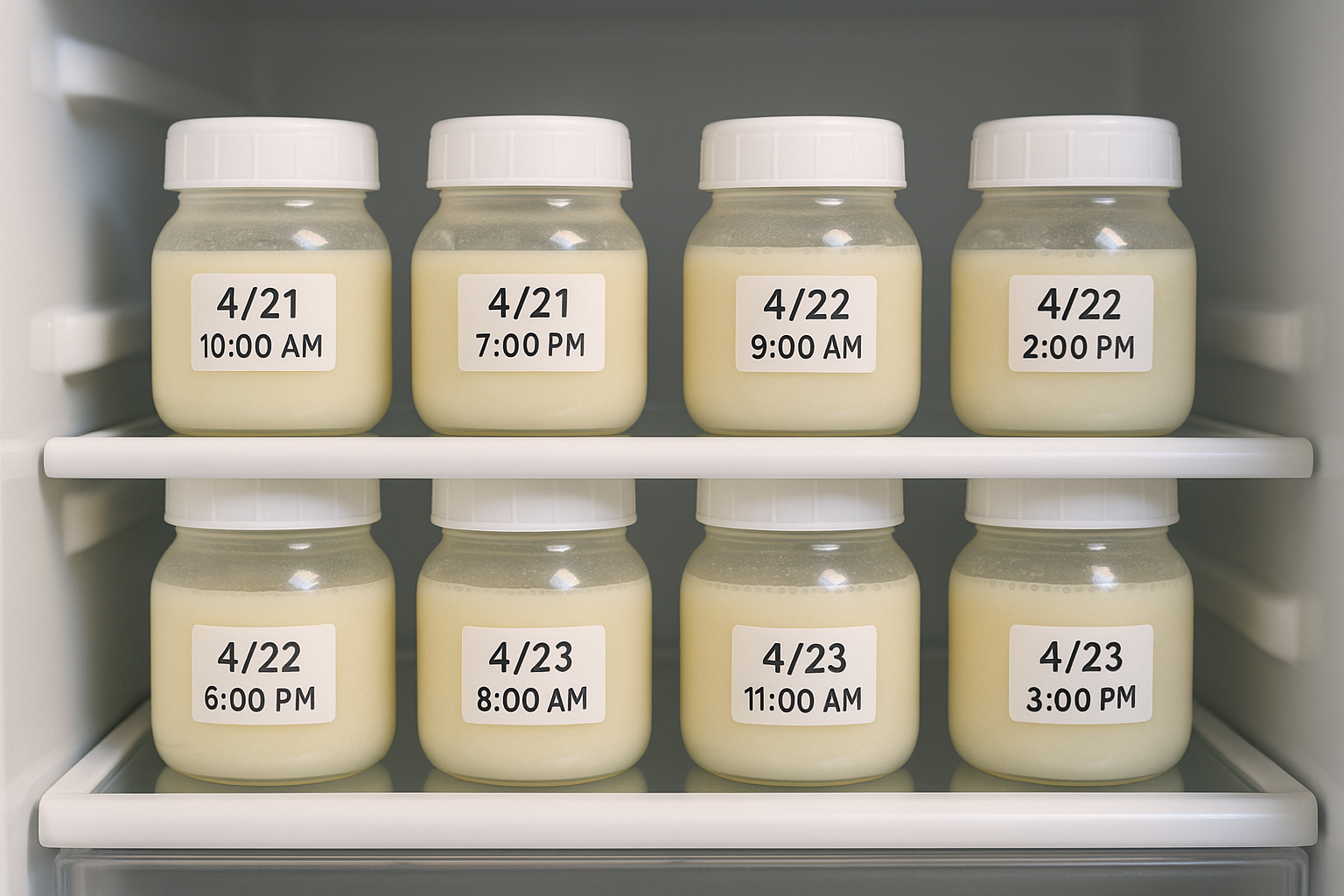 breast milk storage guidelines — dated and labeled bottles in a refrigerator