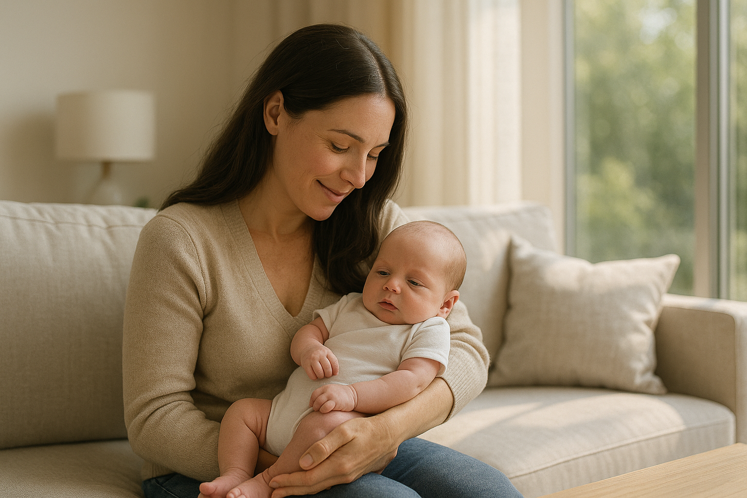 breastfeeding basics — close-up of a good cross-cradle latch with flanged lips and chin touching the breast
