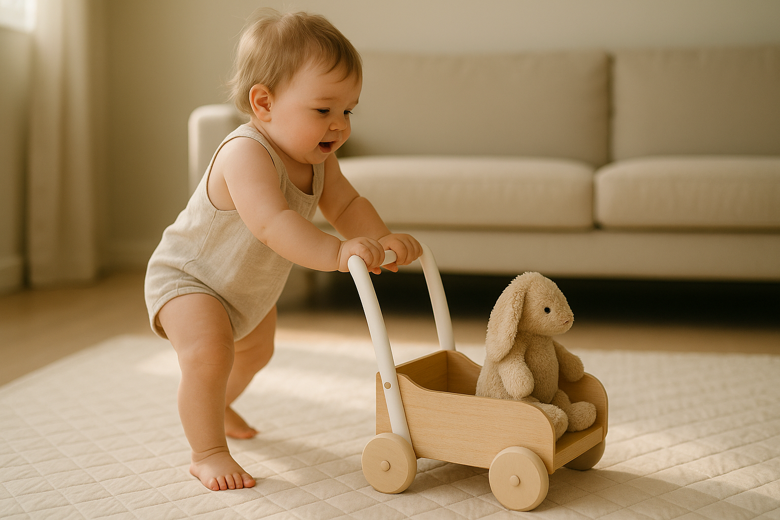 Push toy play for 1–2 year old toddlers: delivering a soft toy to the sofa station across the play mat.