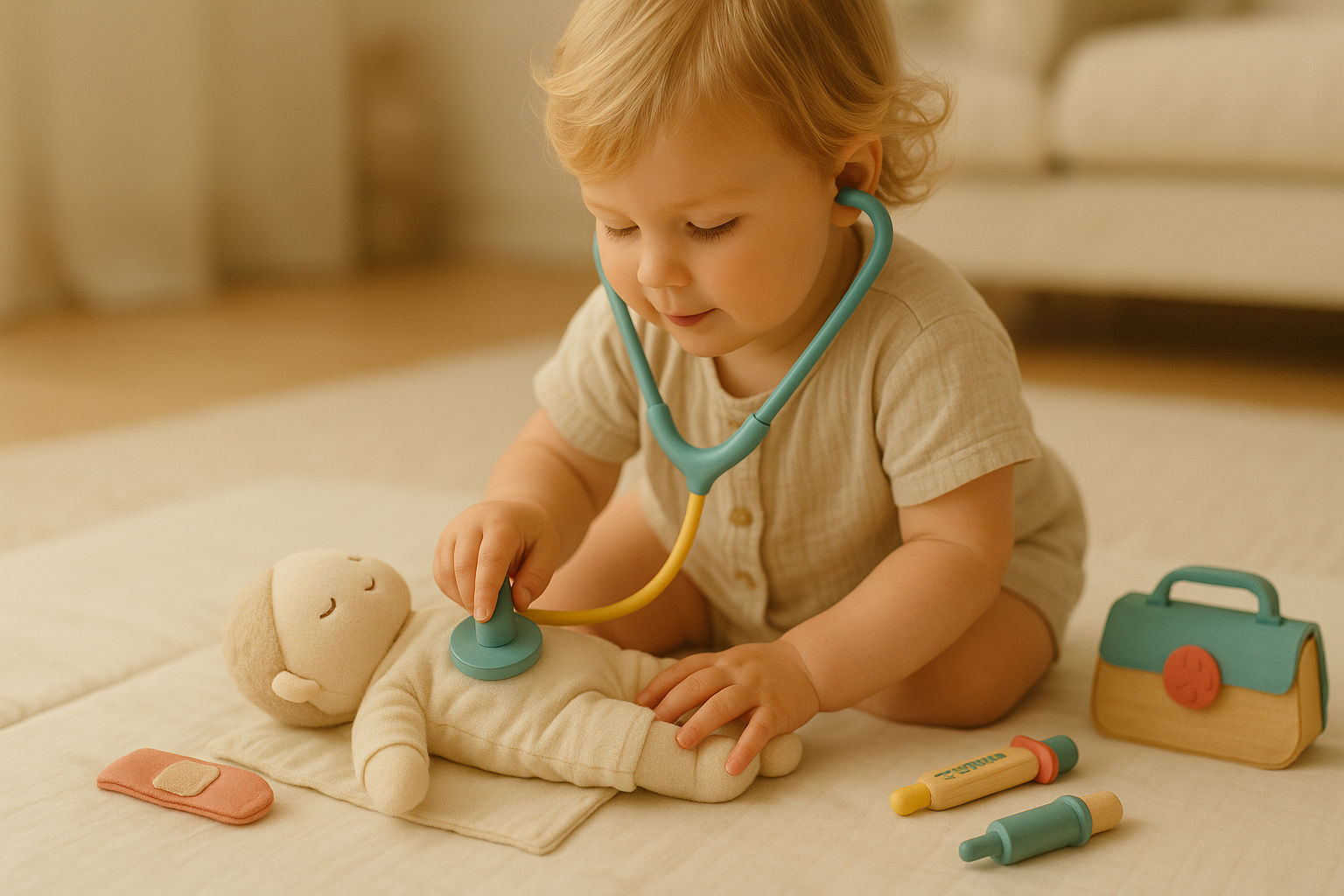 Best toys for 2–3 year olds — toddler playing doctor with a plush doll using toy stethoscope on a cozy sunlit play mat