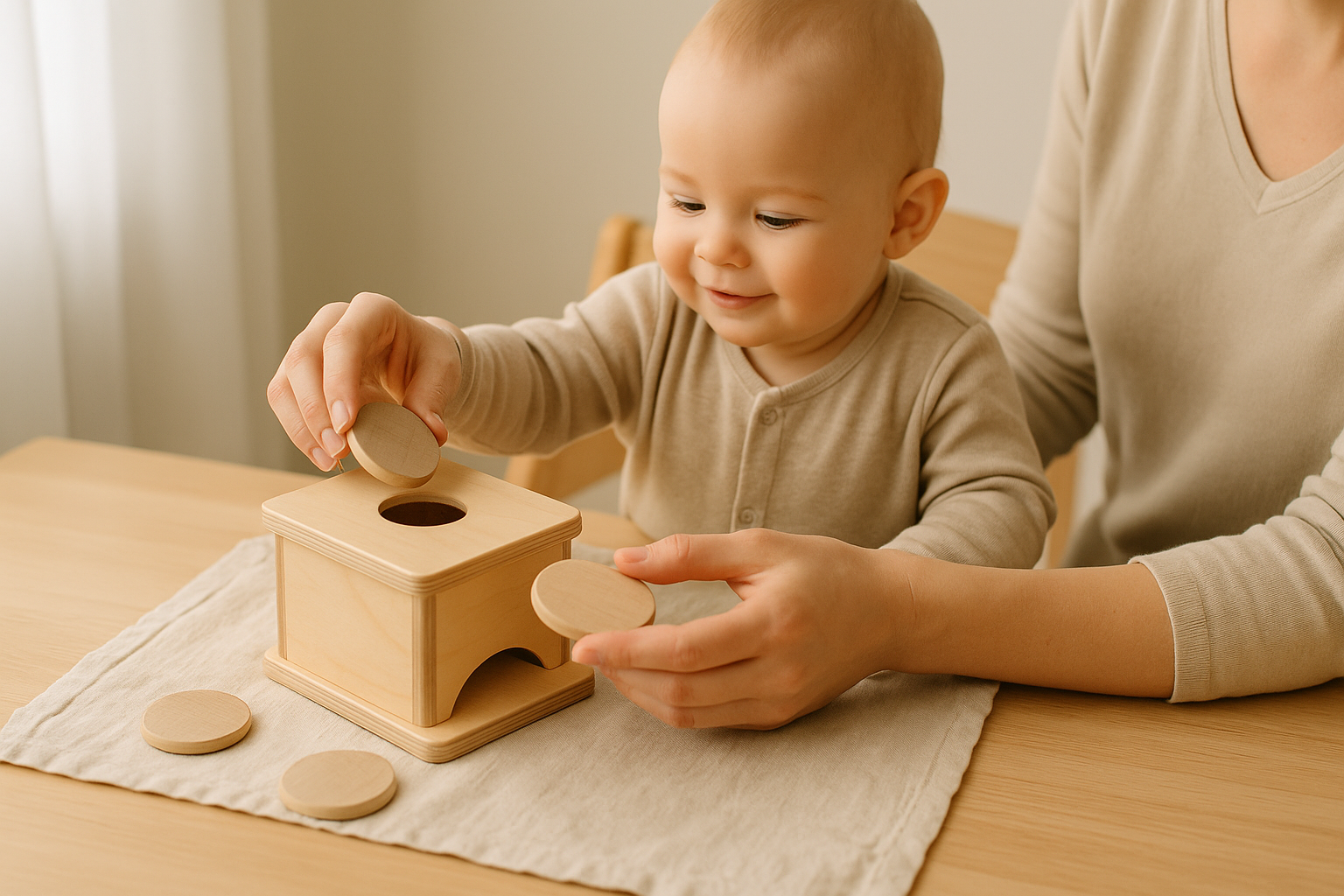 Best toys for 9–12 month old babies: table-side turn-taking with a posting box and large discs; two quick rounds before tidy-up.