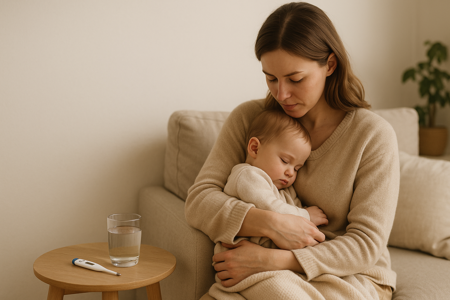 Mother gently comforting her sick baby at home, sitting on a beige sofa under warm daylight, with a digital thermometer and a glass of water on a small wooden table nearby.