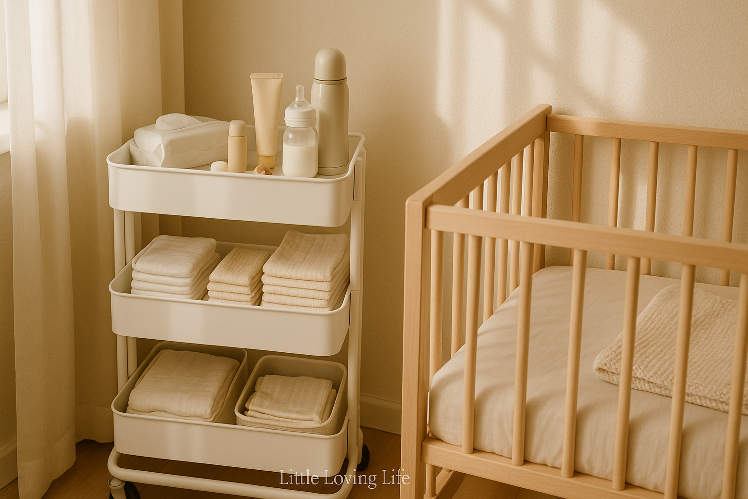 A cozy newborn care corner at home with a wooden cart by a window and beige linen curtain.