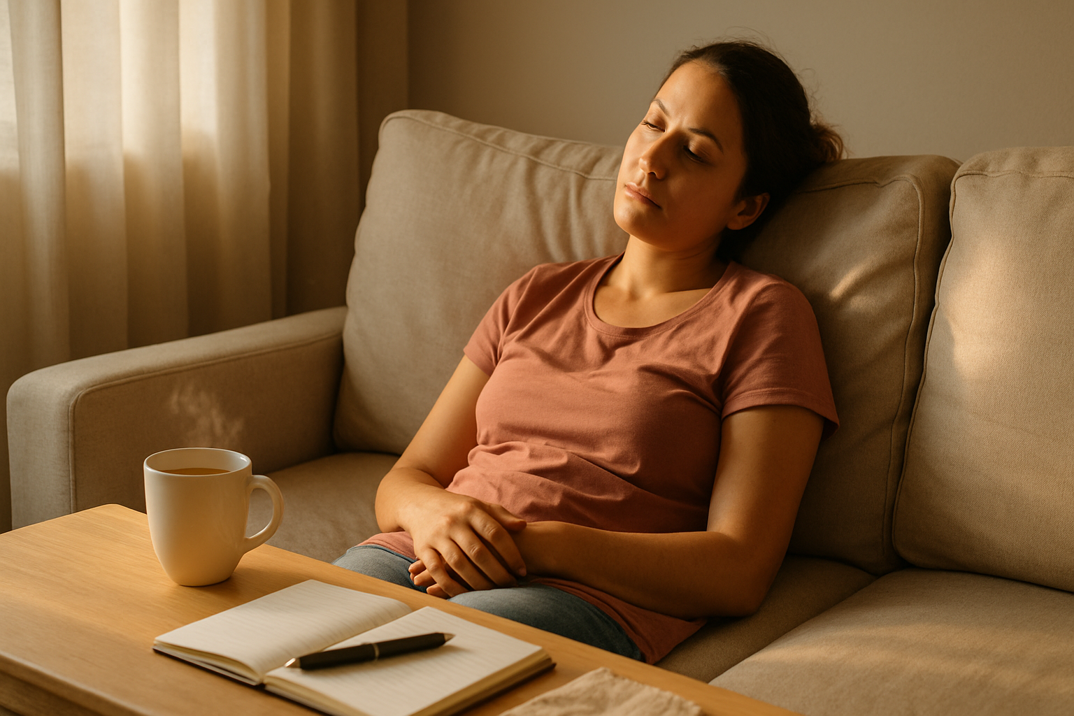 A tired mother resting on a beige sofa with tea and a notebook — illustrating mom burnout and mental load.