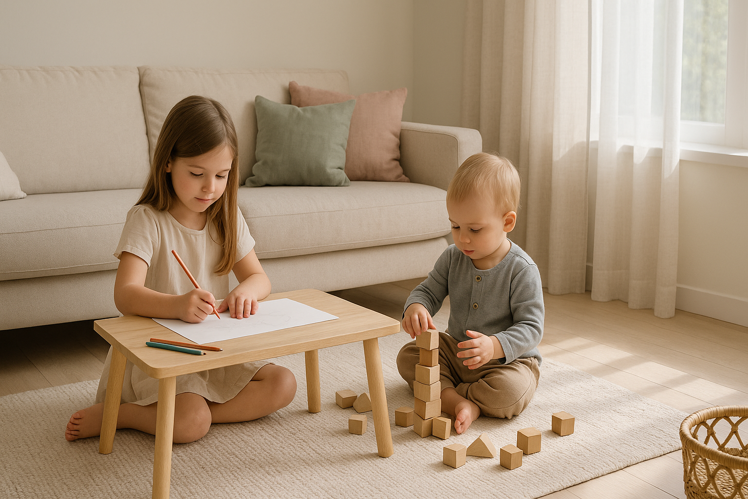Warm Scandinavian living room with multiple children in soft daylight, a calm, connected family moment.