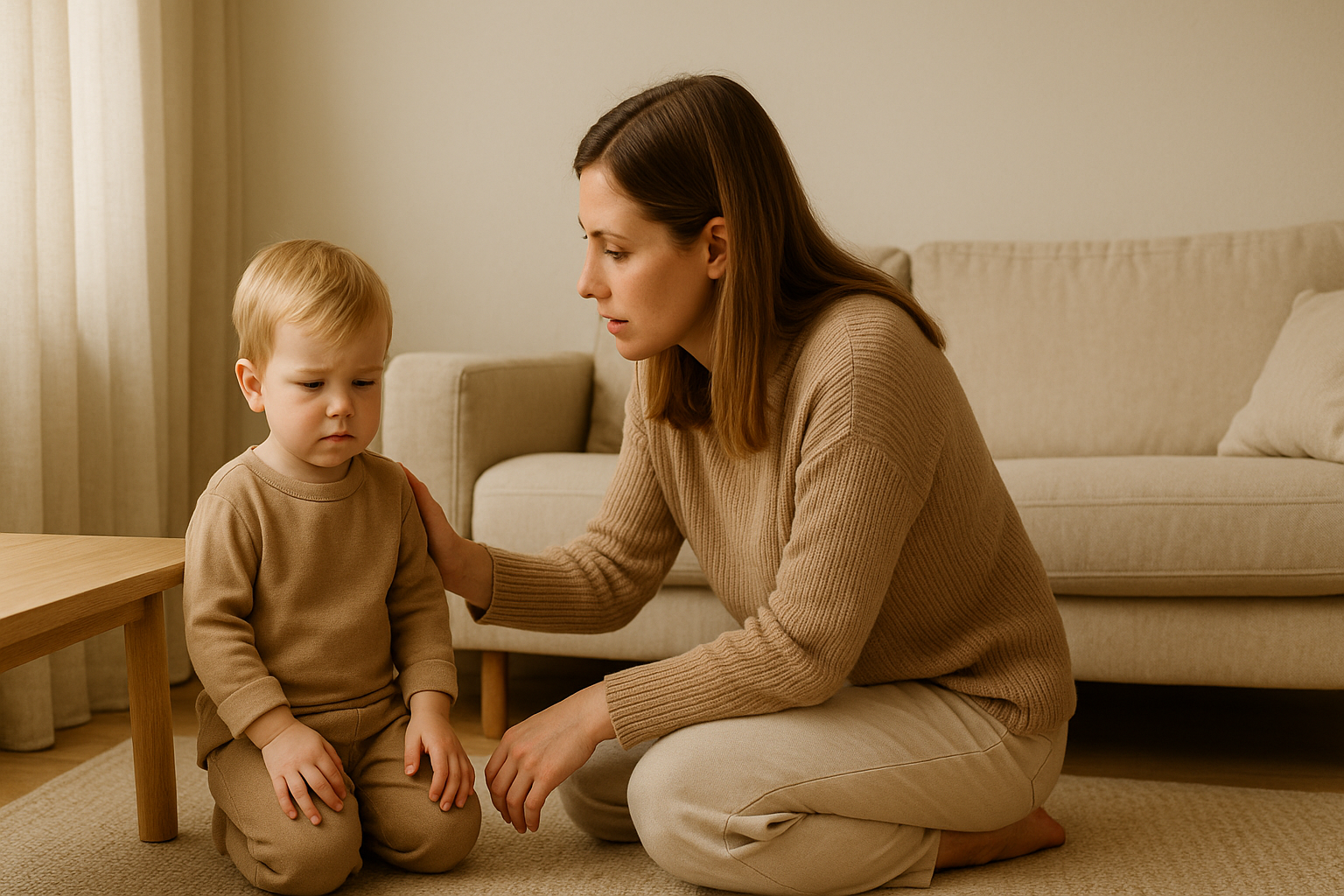 Mother calmly talking to her toddler on a beige rug in a cozy Scandinavian living room, symbolizing gentle parenting and emotional connection.