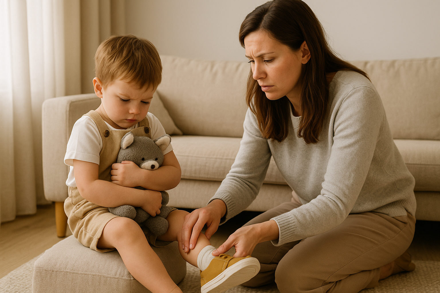 Why preschoolers don’t listen — mother helps reluctant preschooler put on shoes as child clutches stuffed animal on beige sofa