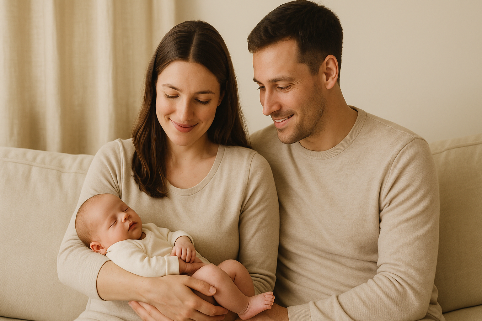 Parents lovingly hold their newborn on a beige sofa in soft natural light