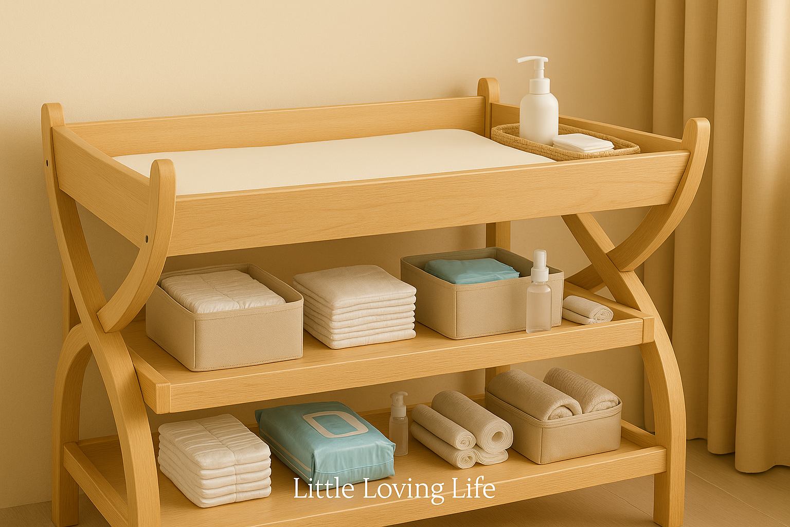 Scandinavian baby changing table with cream pad, rattan tray, and organized shelves under soft daylight.