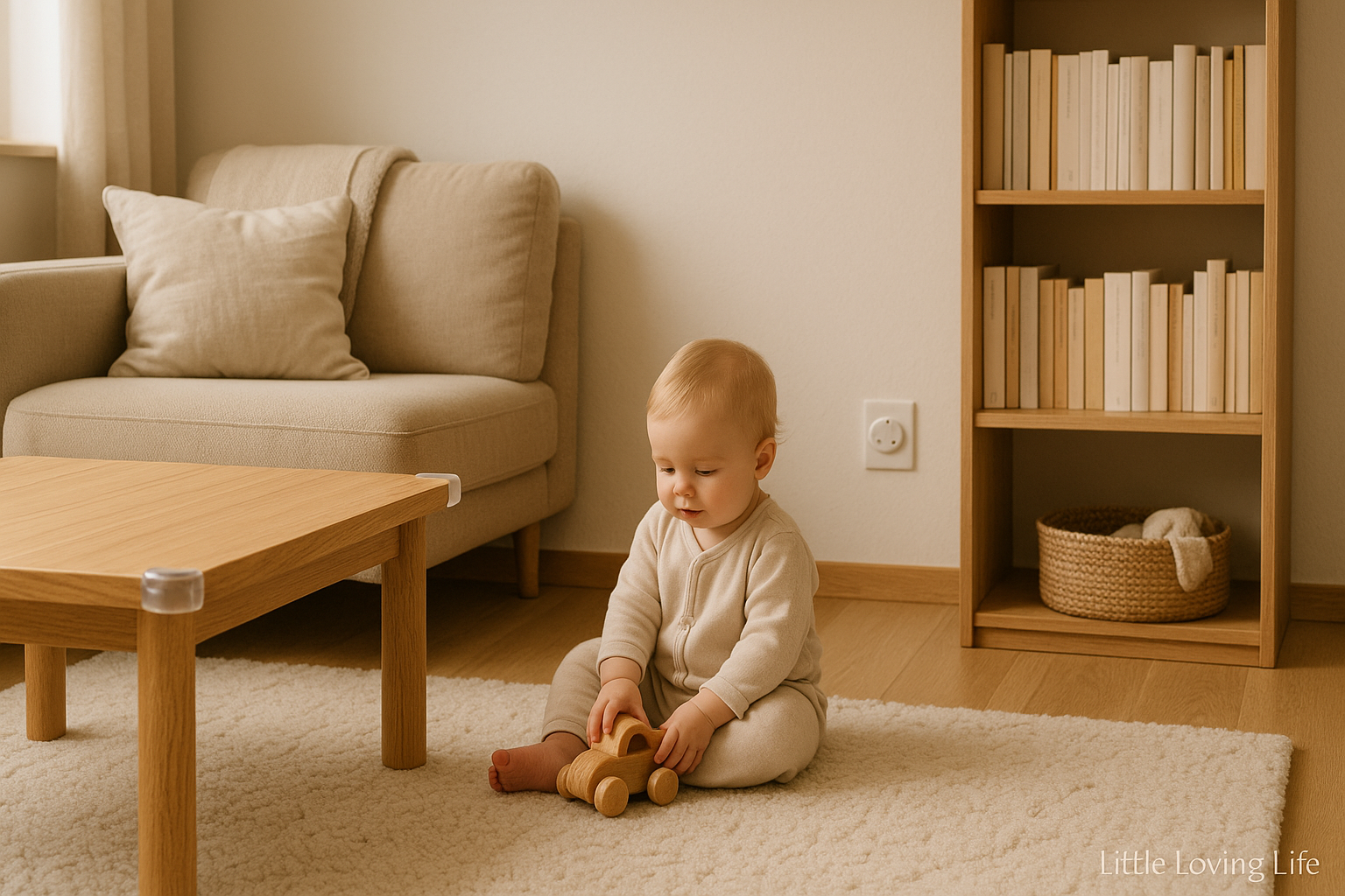 Scandinavian living room with corner guards, outlet covers, and wall-anchored furniture for baby safety