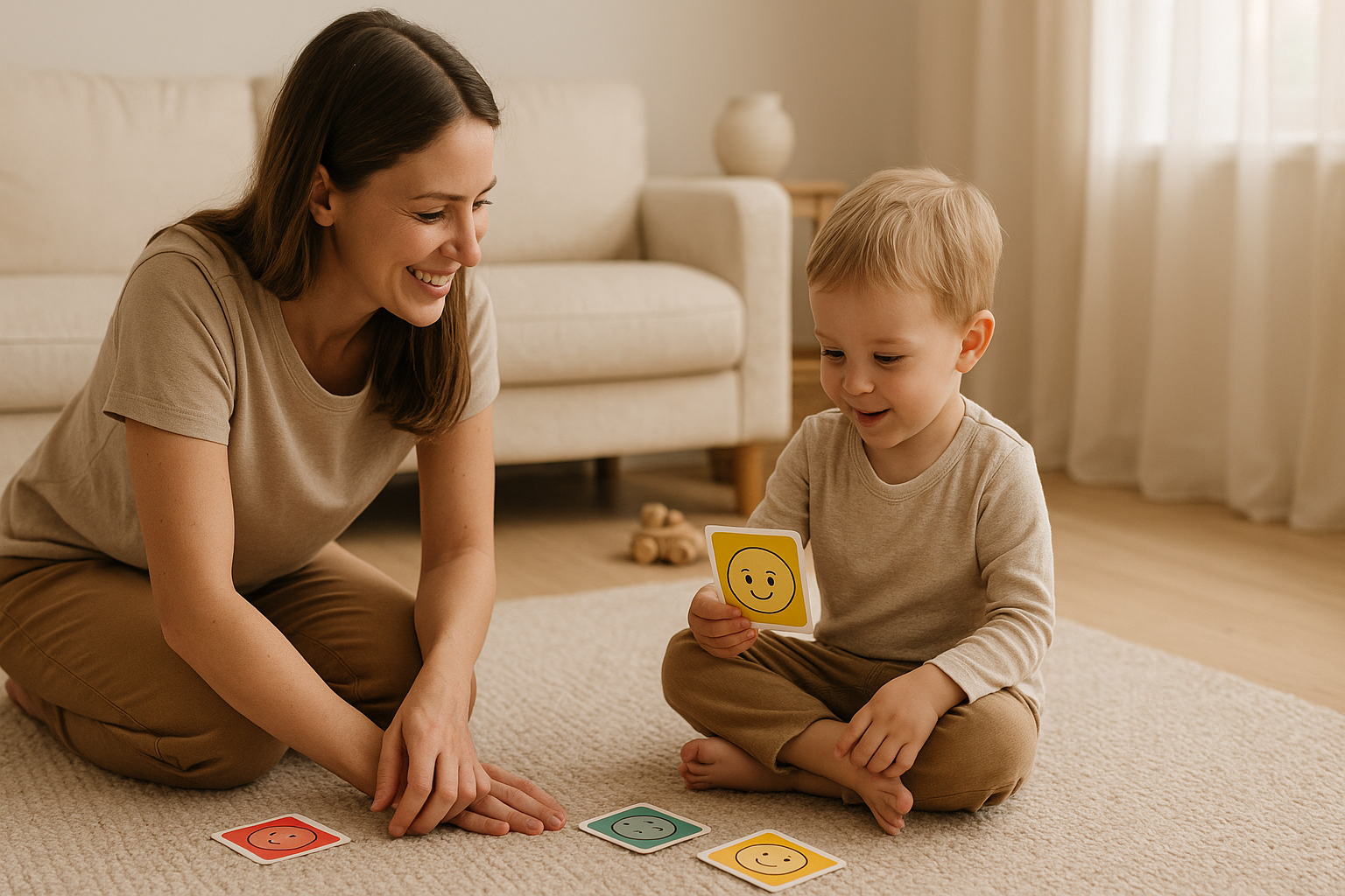 Mother teaching toddler to name their feelings through emotion cards in a calm, warm Scandinavian living room
