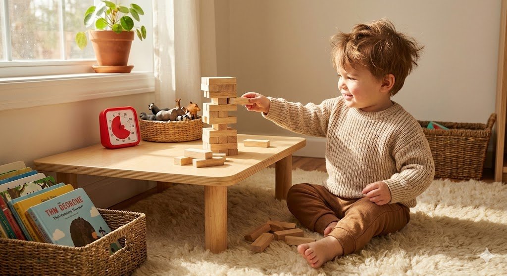 Toddler focus activity: A smiling boy concentrating on a wooden block tower.