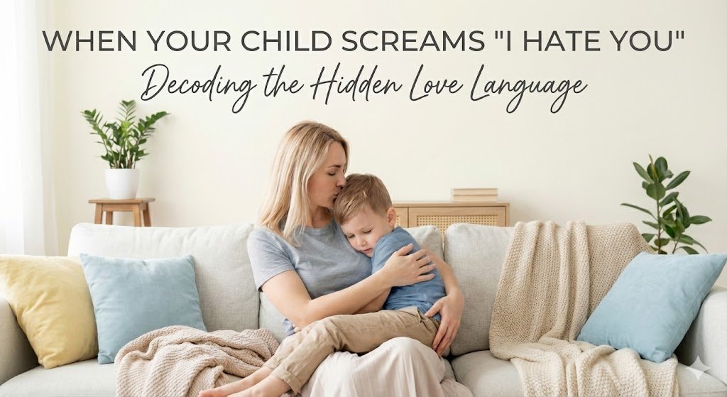 Mother comforting child after child screams I hate you