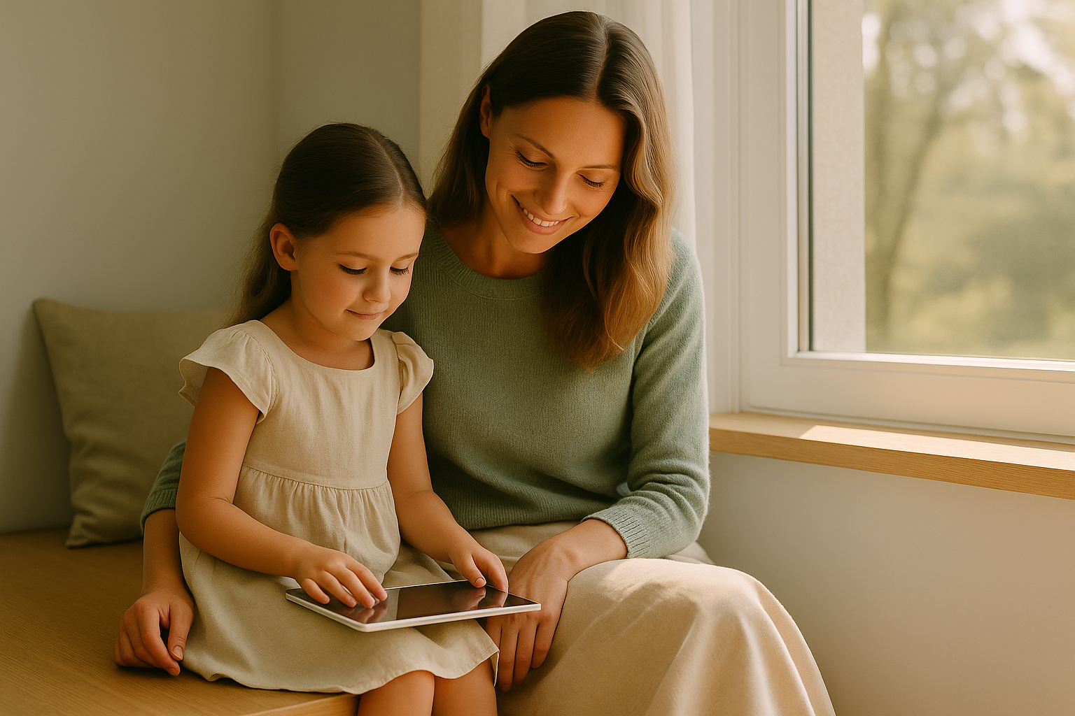 Mother and daughter reading together near a sunlit window — raising kids in the age of AI concept