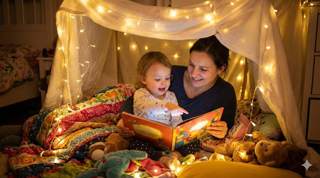 Toddler bedtime battles: parent reading to a child in a cozy blanket fort