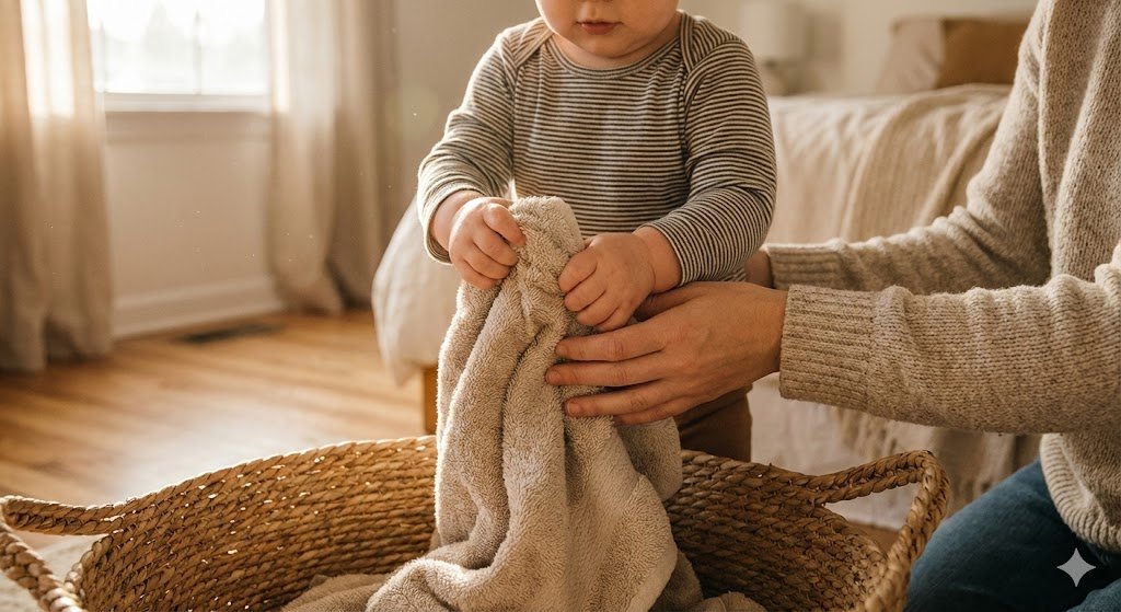 Toddler helping with chores to build a sense of belonging