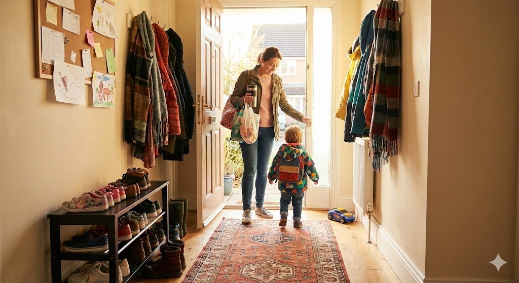 Mother using toddler morning routine cards