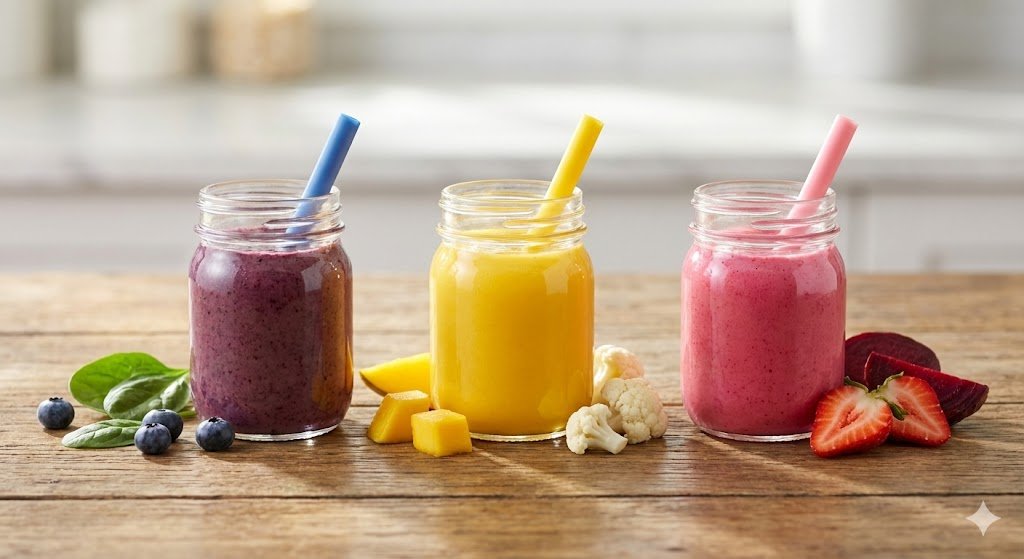 Vibrant multi-colored toddler smoothies with fresh fruits and hidden vegetables
