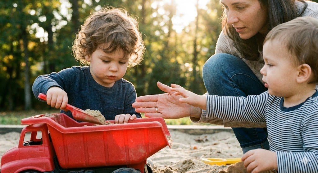 Toddlers playing in a sandbox, practicing turn-taking instead of forcing kids to share