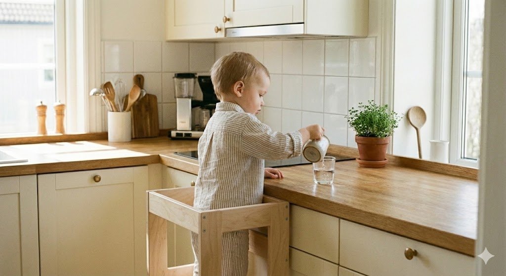 Toddler engaging in Montessori kitchen activities