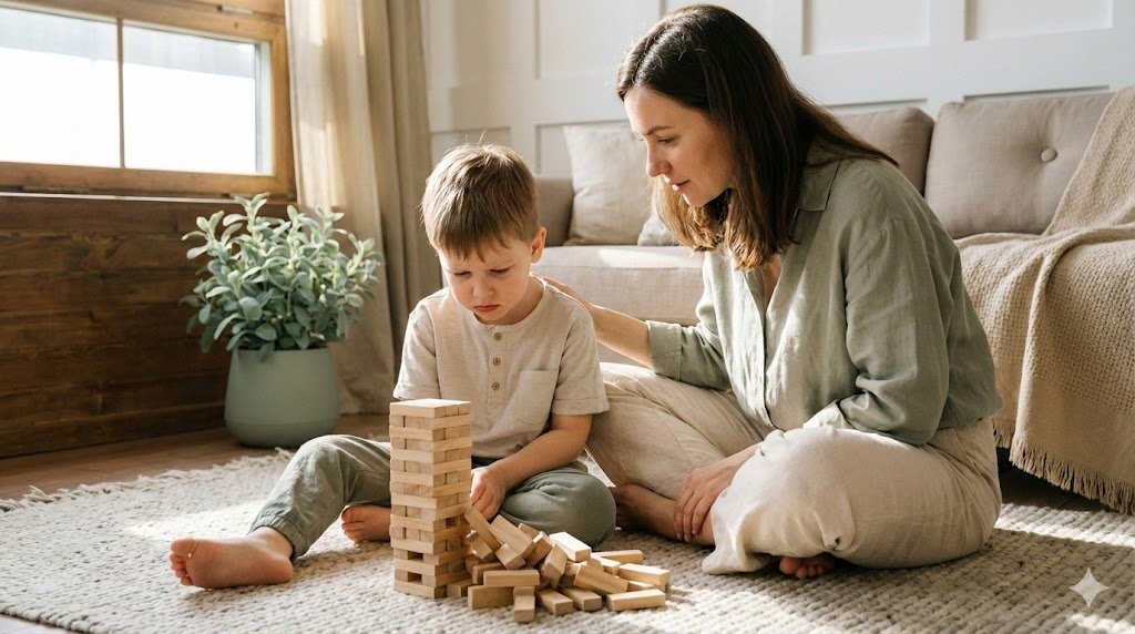 A child and parent working through frustration with blocks