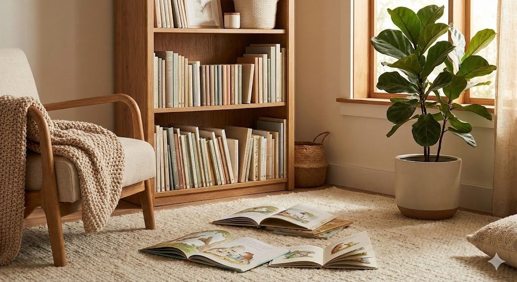 A parent and child sharing a quiet moment reading a picture book together
