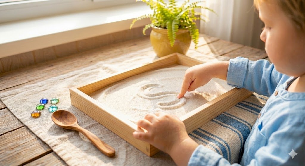 Montessori learning materials with letters and numbers on a wooden surface
