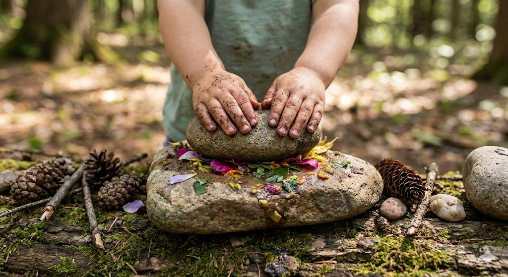 Toddler engaging in nature art with stones and flowers