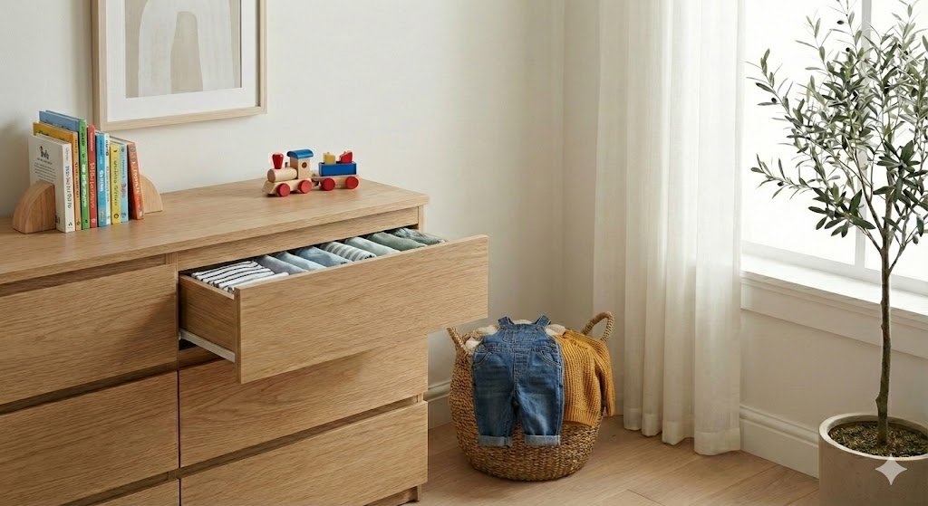 Cleanly organized baby dresser with neutral onesies