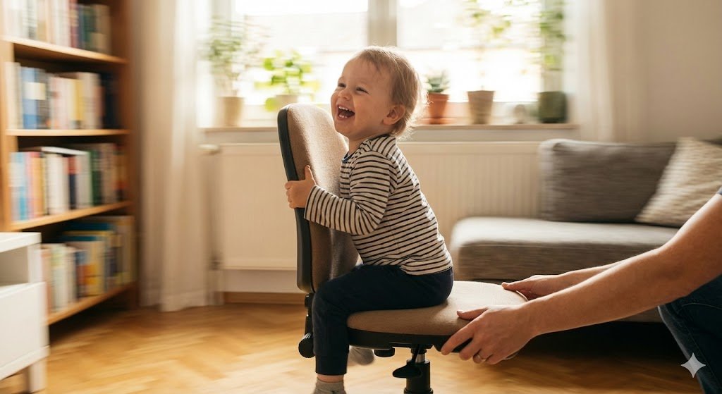 A toddler spinning with joy
