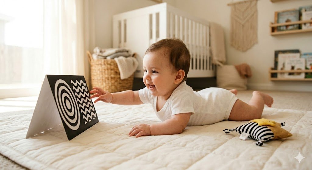 best toys for 0-3 month babies newborn reaching for high contrast card on a soft play mat in a bright nursery