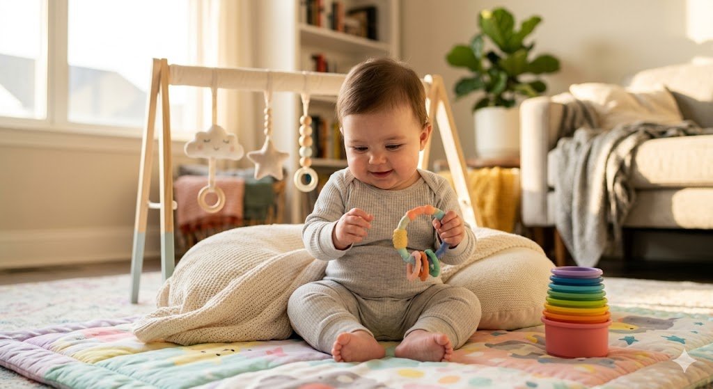 best toys for 3-6 month babies baby holding teething ring with play gym and stacking cups on a sunny play mat