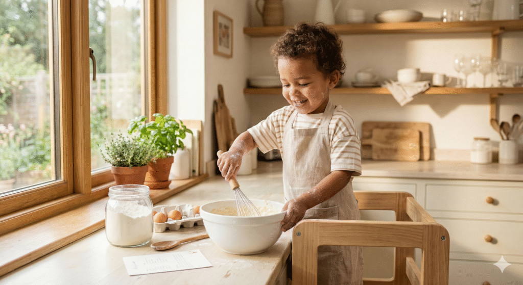 Toddler standing on learning tower stirring batter in a bright kitchen