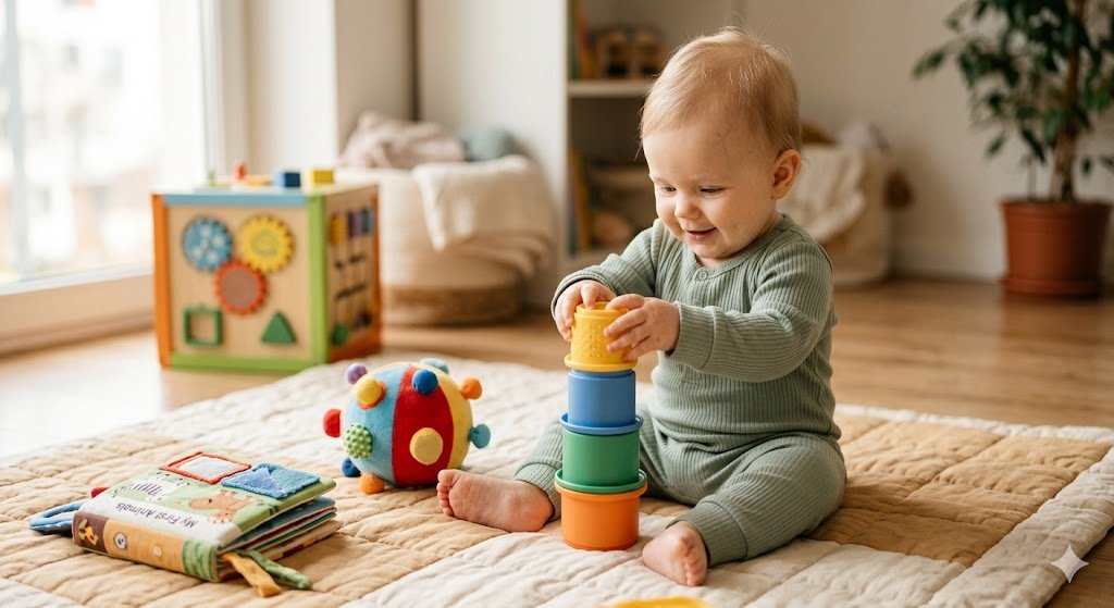 best toys for 6-9 month old babies baby stacking colorful cups with sensory ball and board book on a warm play mat